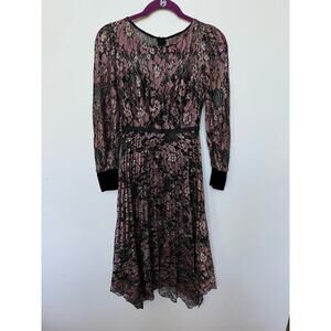 Nissa Floral Asymmetric Hem Metallic Lace Pleated Dress Black Gold Womens US 2